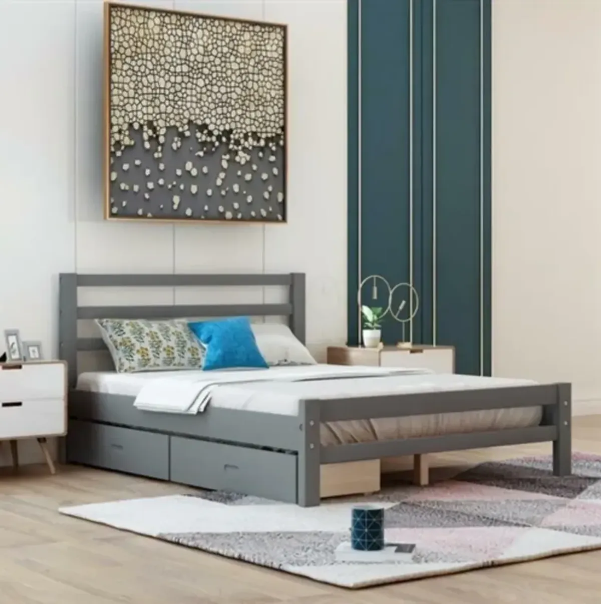 Hivvago Full size Gray Low Profile 2 Drawer Storage Platform Bed