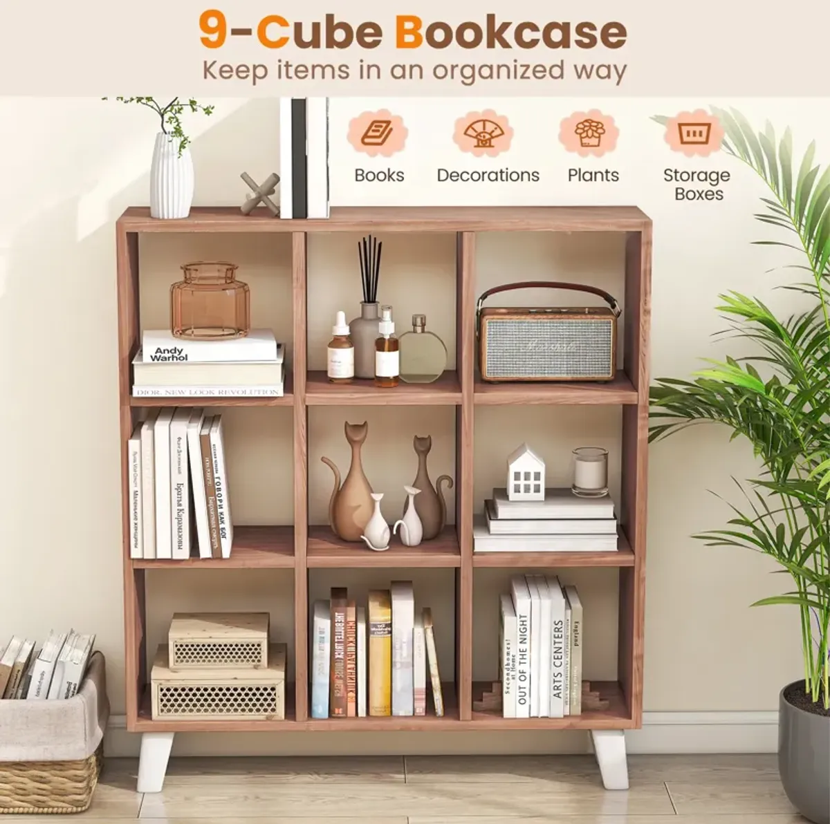 9-Cube Bookcase with 6 Removable Shelves and Raised Support Feet