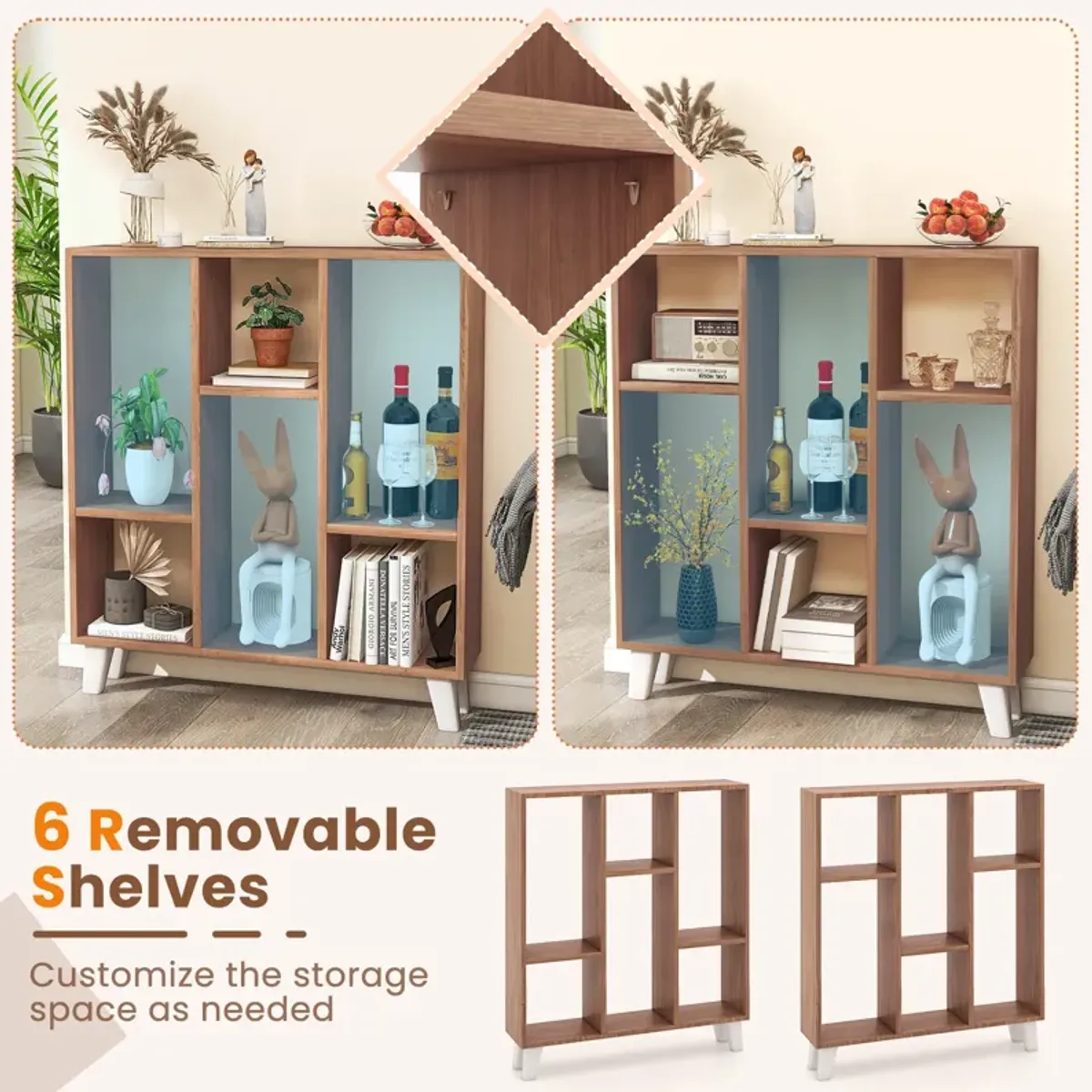 9-Cube Bookcase with 6 Removable Shelves and Raised Support Feet