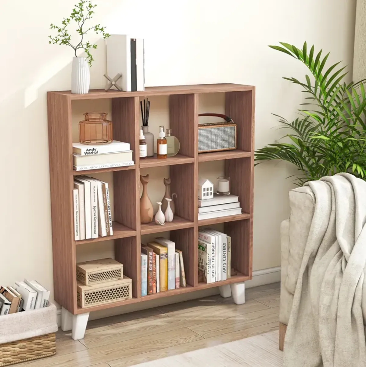 9-Cube Bookcase with 6 Removable Shelves and Raised Support Feet