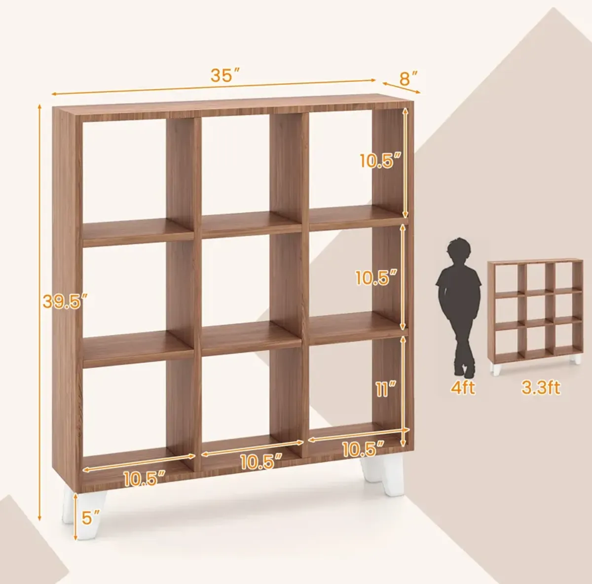 9-Cube Bookcase with 6 Removable Shelves and Raised Support Feet