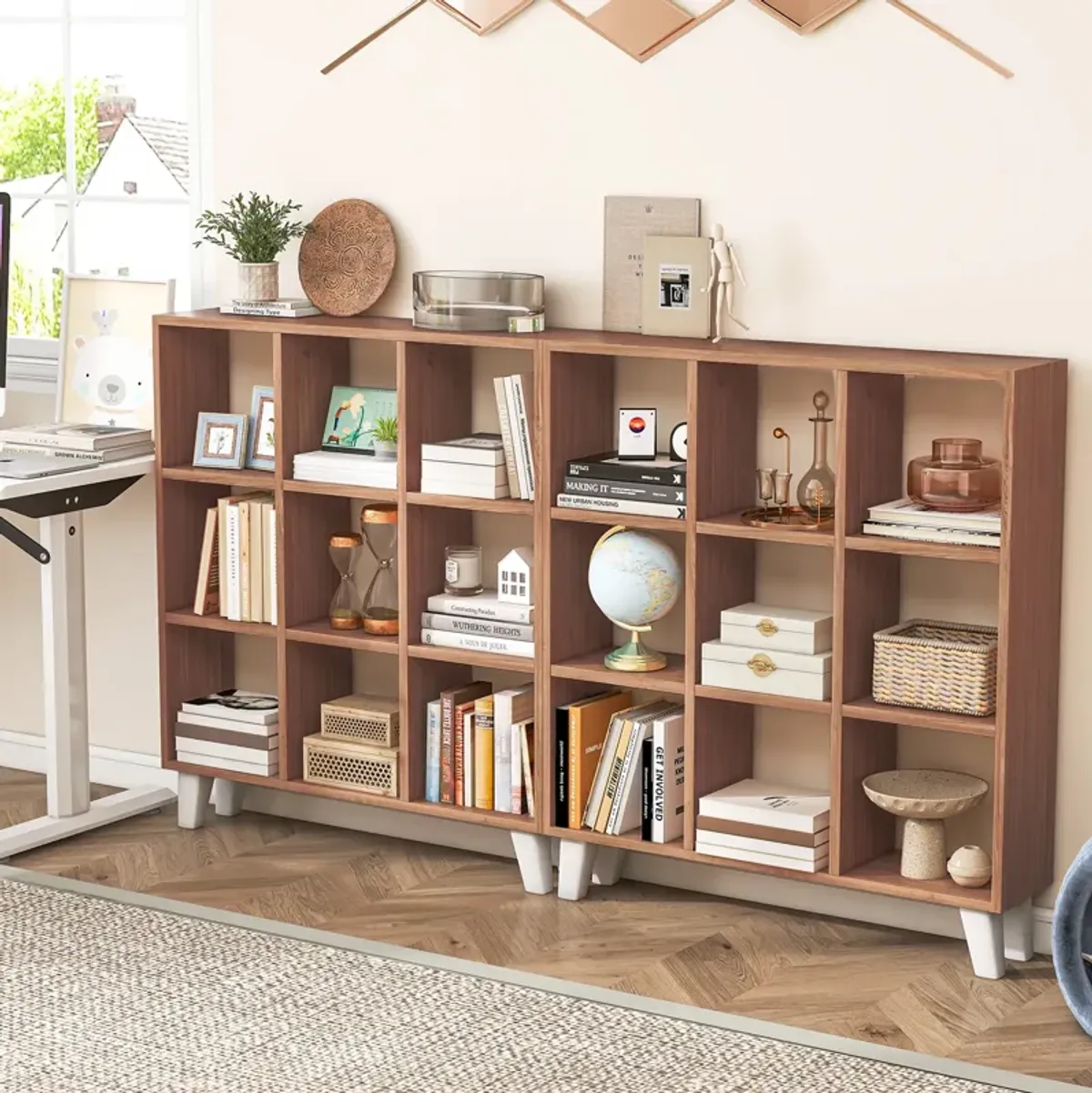 9-Cube Bookcase with 6 Removable Shelves and Raised Support Feet