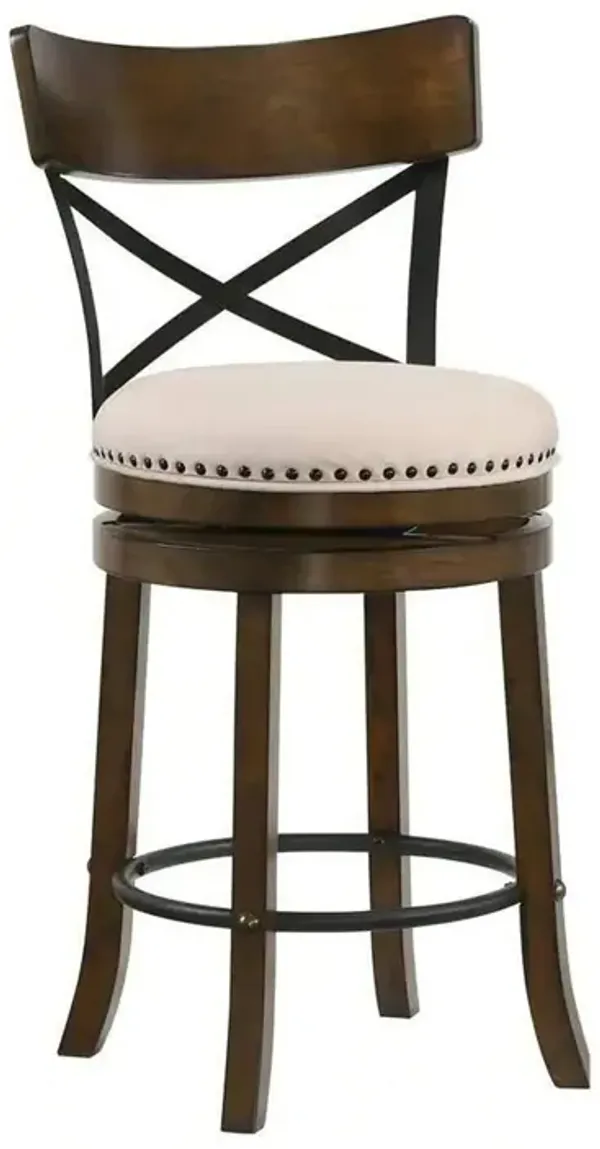 Vesper 27 Inch Swivel Counter Stool Chair Set of 2, Beige Seat, Brown Wood - Benzara
