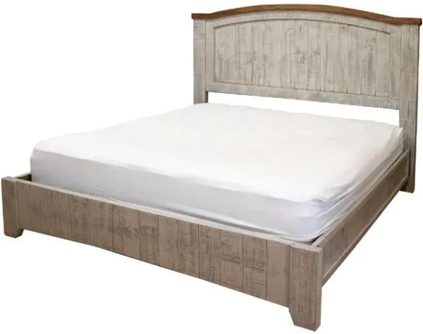 Ata Queen Size Bed, Distressed Light Gray and Brown Solid Pine Wood - Benzara