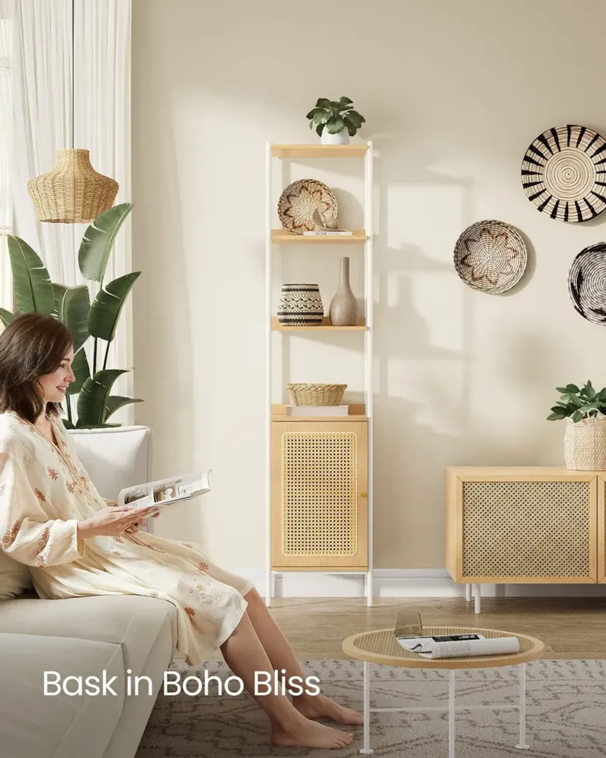 Bookcase with Rattan-Like Doors for Stylish Storage and Decorative Charm