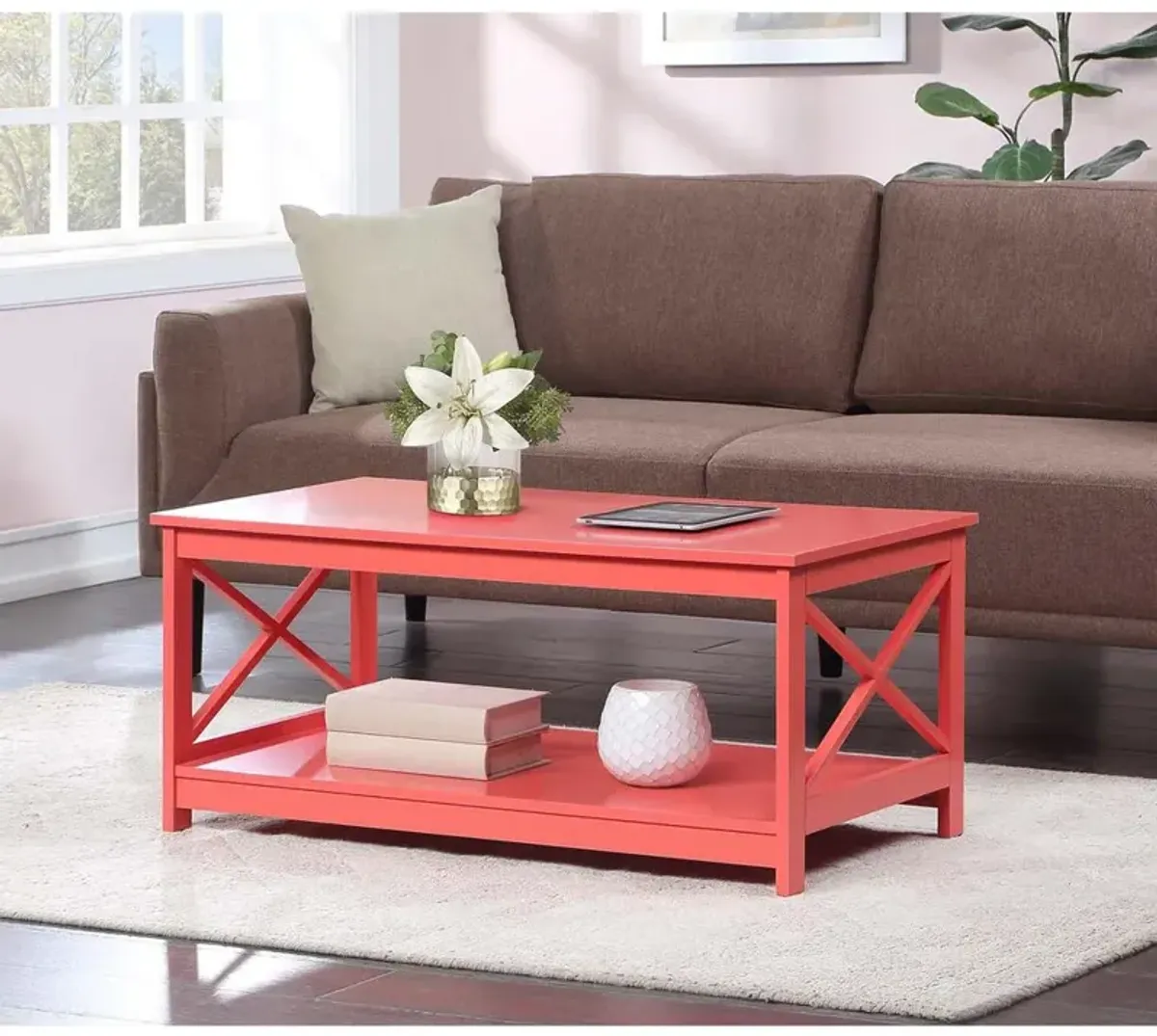 Convenience Concepts Oxford Coffee Table with Shelf Coral