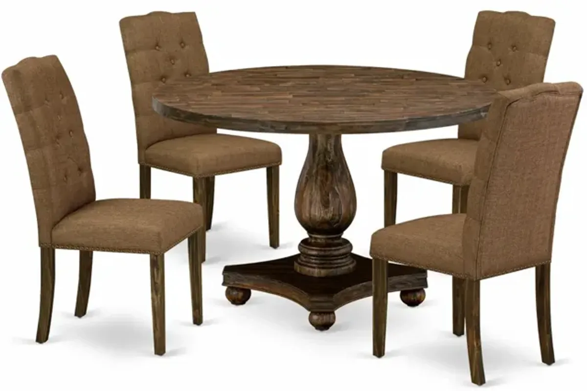 East West Furniture I2EL5-718 5Pc Dinette Set - Round Table and 4 Parson Chairs - Distressed Jacobean Color