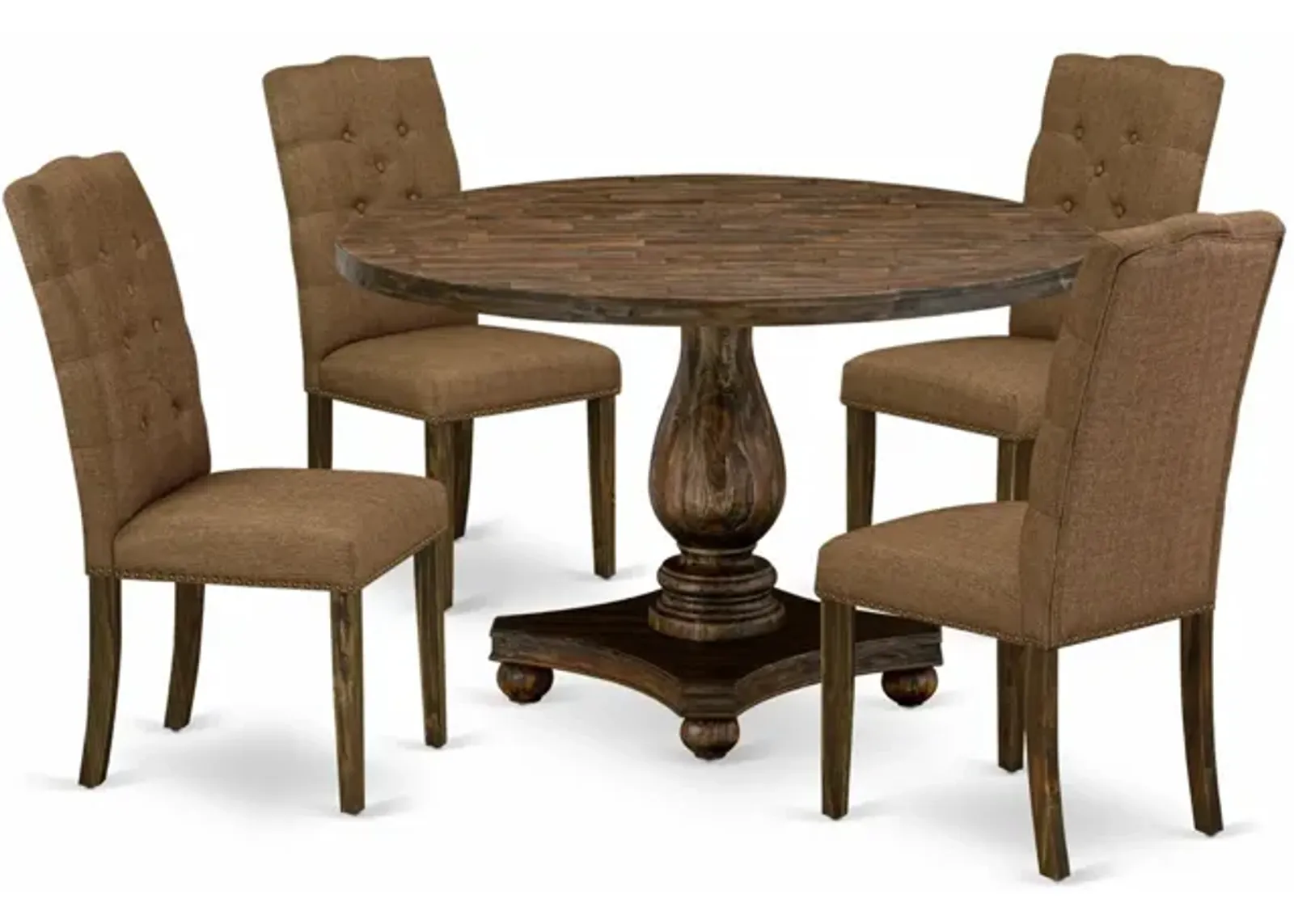 East West Furniture I2EL5-718 5Pc Dinette Set - Round Table and 4 Parson Chairs - Distressed Jacobean Color