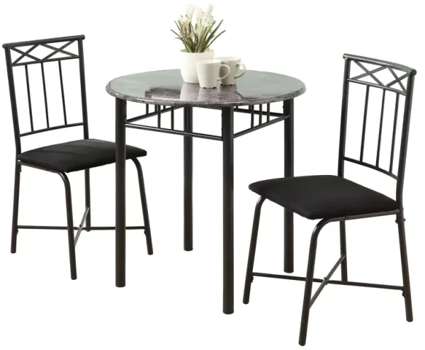 Monarch Specialties I 3065 Dining Table Set, 3pcs Set, Small, 30" Round, Kitchen, Metal, Laminate, Grey Marble Look, Black, Transitional