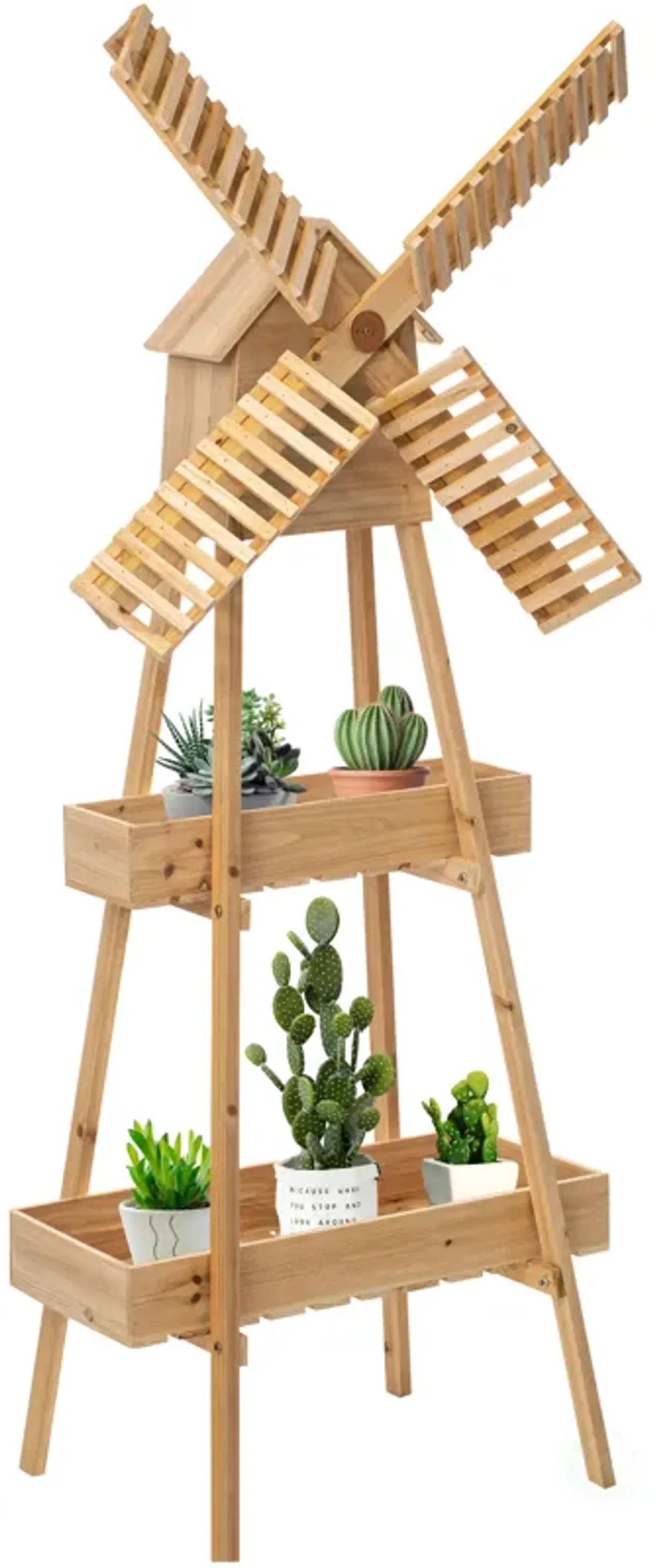 Rustic Wooden Cart with Windmill Accent, Versatile and Decorative Piece for Home or Garden Decor, Perfect for Displaying Plants, Books, and Decorative Items, or as a Unique Storage Solution for Home or Garden Tools