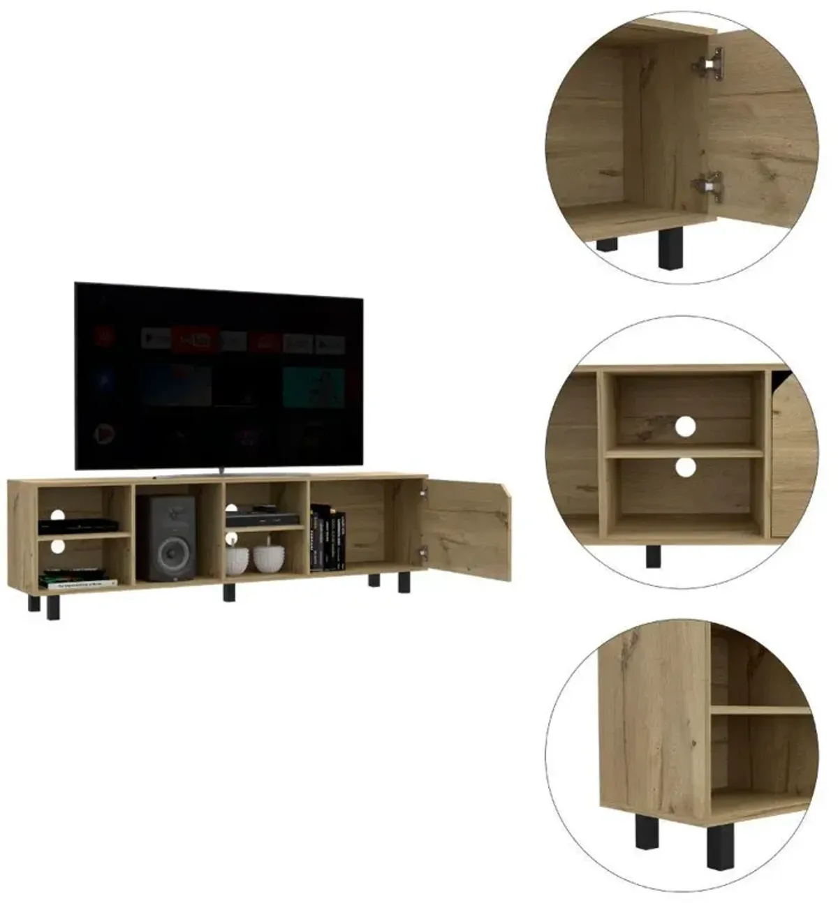 DEPOT E-SHOP Conquest Tv Stand, Back Holes, Four Open Shelves, Five Legs- Light Oak, For Living Room