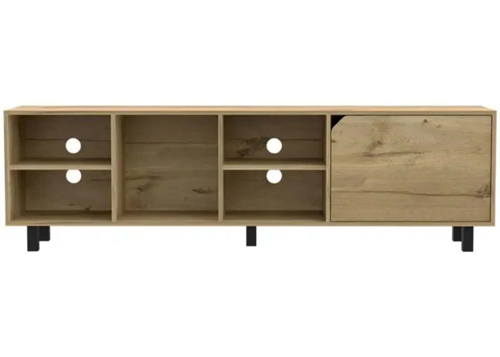 DEPOT E-SHOP Conquest Tv Stand, Back Holes, Four Open Shelves, Five Legs- Light Oak, For Living Room