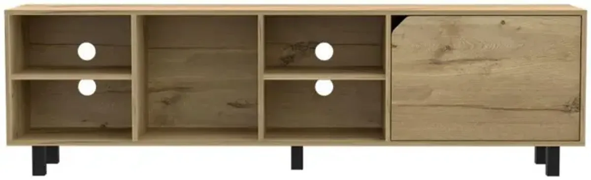 DEPOT E-SHOP Conquest Tv Stand, Back Holes, Four Open Shelves, Five Legs- Light Oak, For Living Room