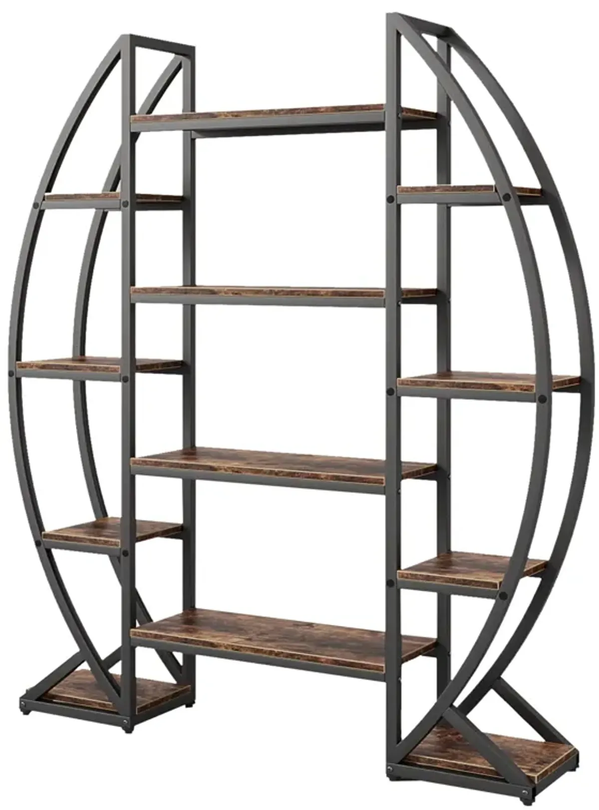 Oval Bookshelf, 12 Brown Wood Shelves, 5 Tier Black Frame, 69 Inch - Benzara