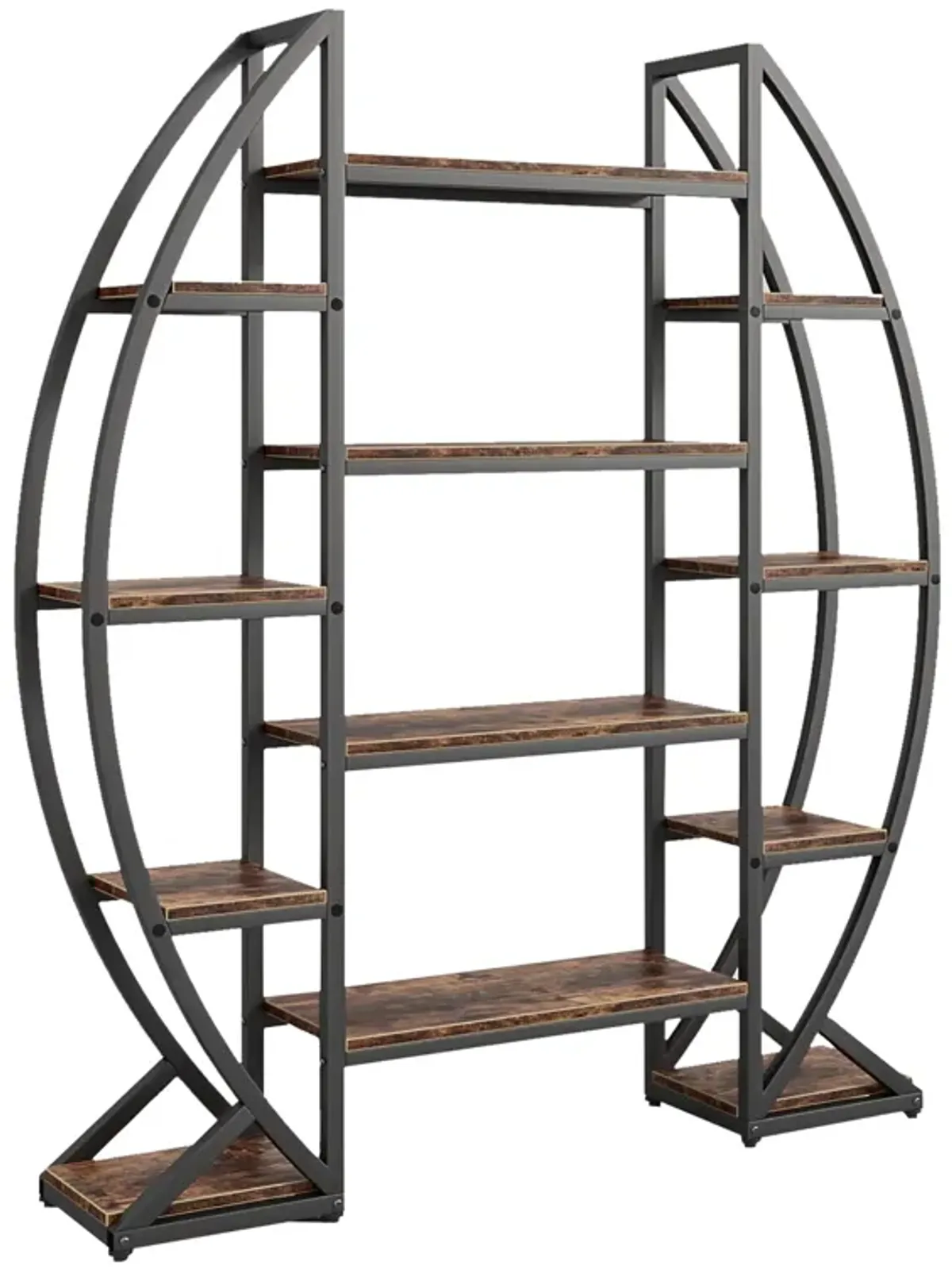 Oval Bookshelf, 12 Brown Wood Shelves, 5 Tier Black Frame, 69 Inch - Benzara