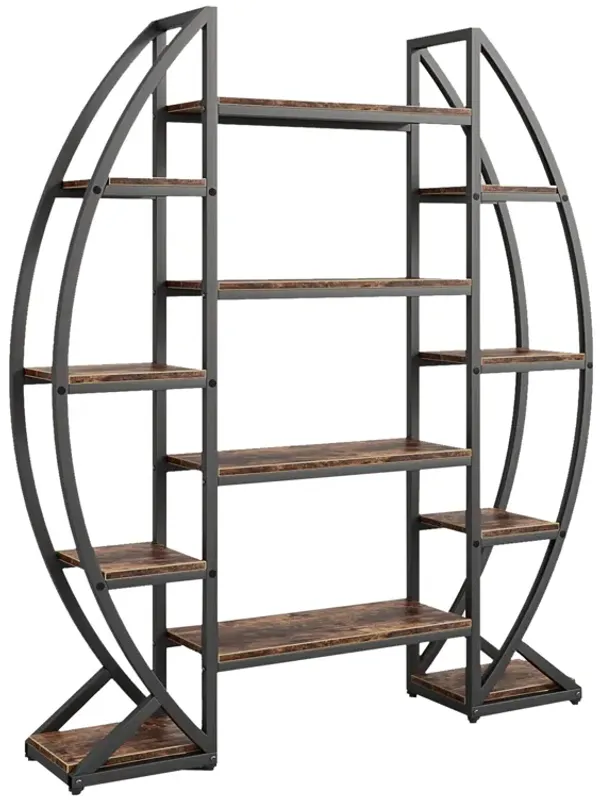 Oval Bookshelf, 12 Brown Wood Shelves, 5 Tier Black Frame, 69 Inch - Benzara
