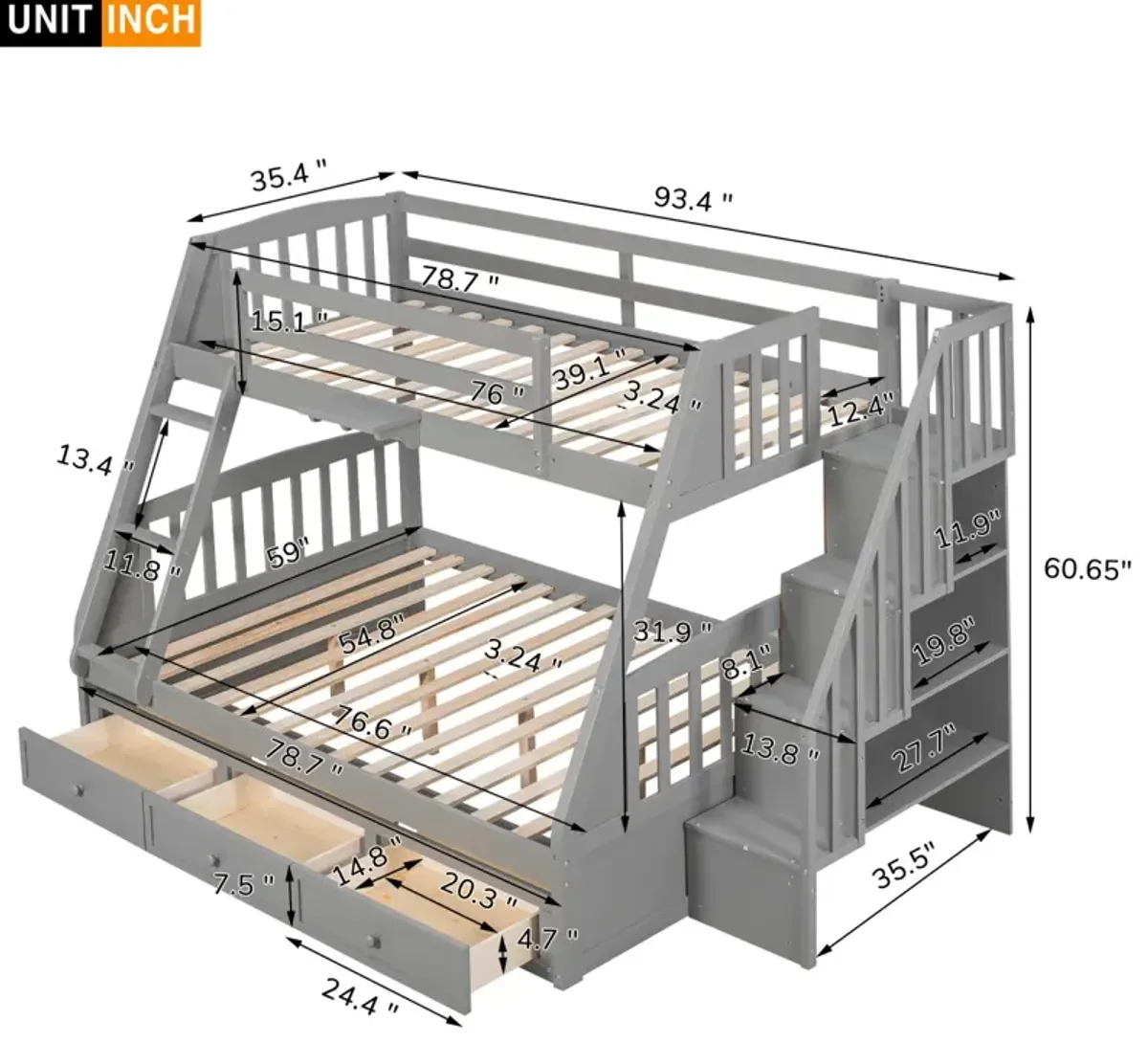 Twin-Over-Full Bunk Bed With Drawers, Ladder And Storage Staircase