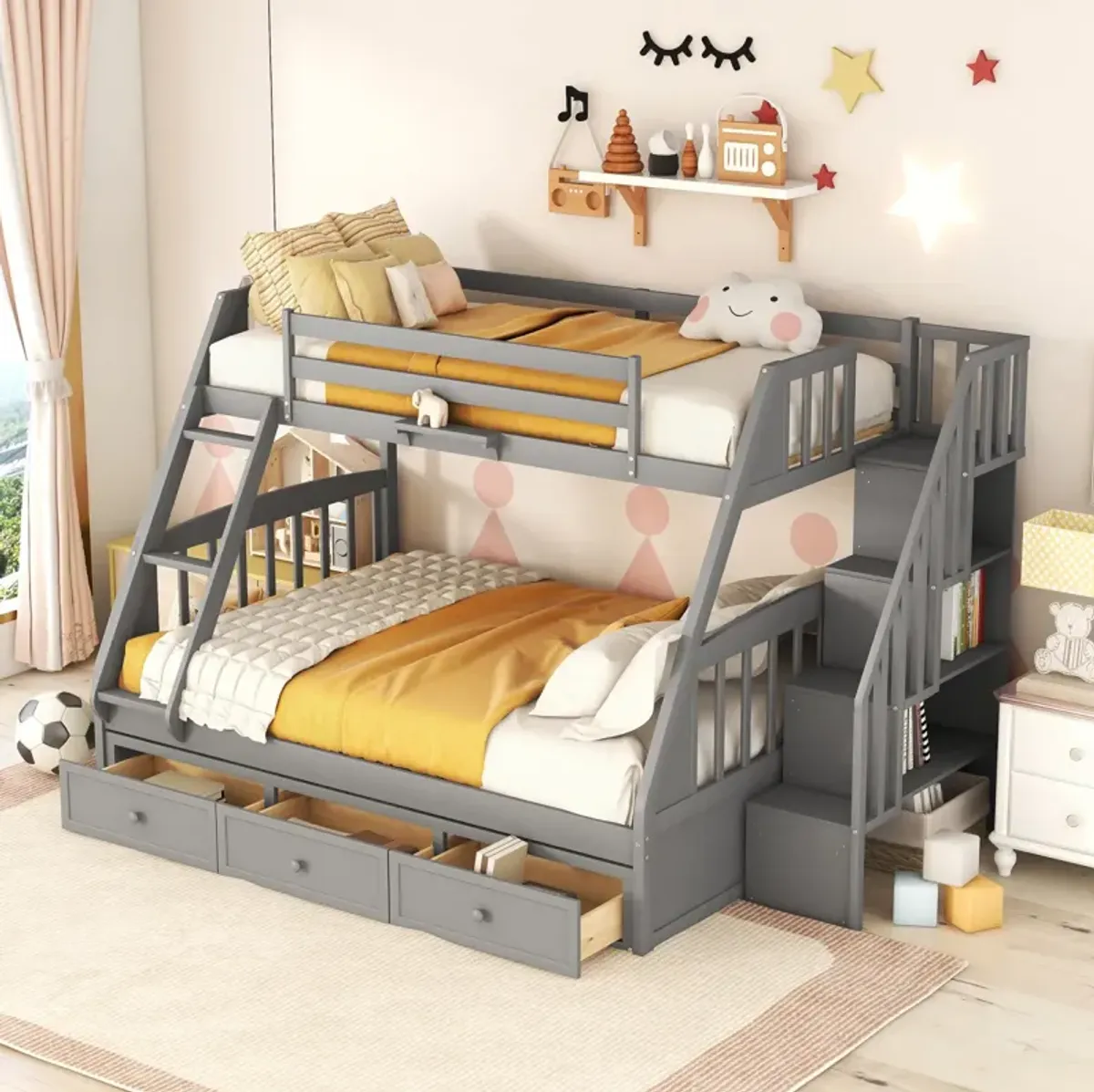 Twin-Over-Full Bunk Bed With Drawers, Ladder And Storage Staircase