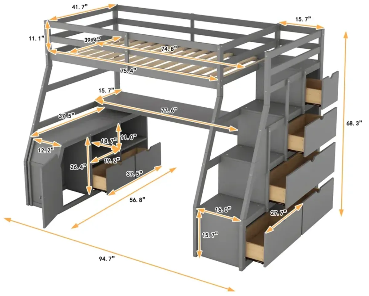 Twin Size Loft Bed With With 7 Drawers 2 Shelves And Desk