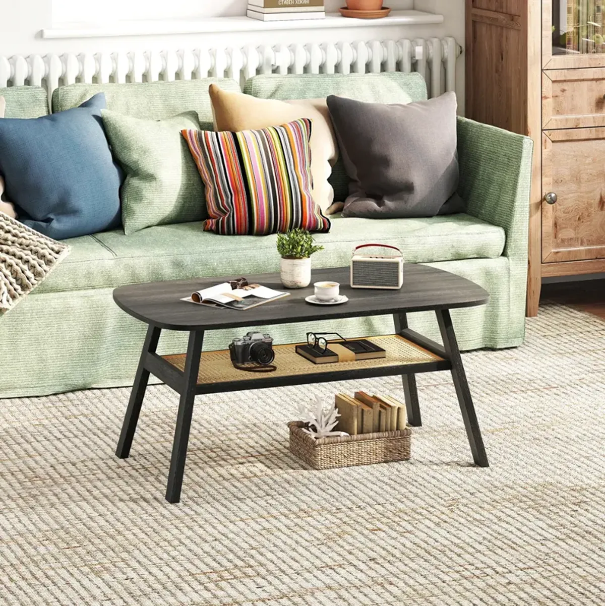 2-Tier Rectangular Center Coffee Table with Rattan Storage Shelf and Rubber Wood Legs