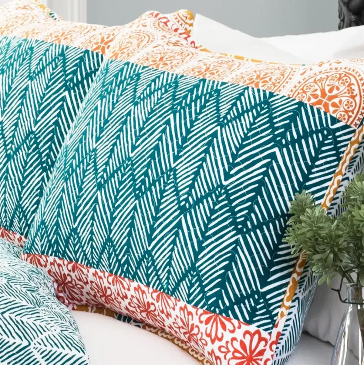 QuikFurn Full/Queen size Cotton 3 Piece Reversible Teal Orange Bohemian Stripe Quilt Set