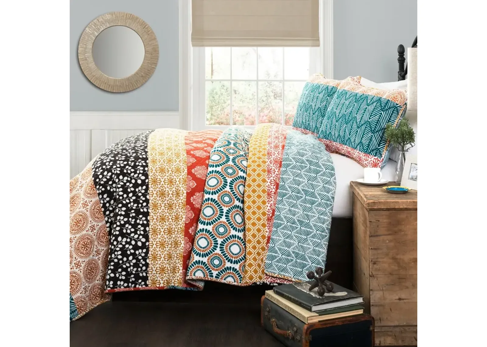 QuikFurn Full/Queen size Cotton 3 Piece Reversible Teal Orange Bohemian Stripe Quilt Set