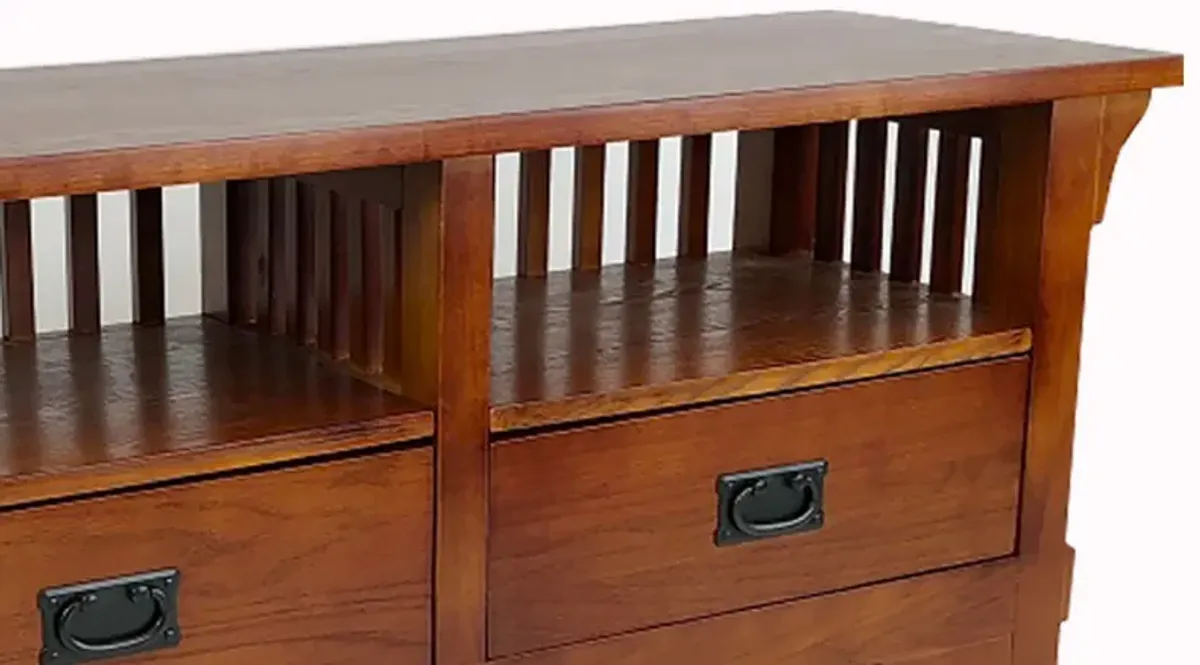 Wooden TV Stand with 2 Open Shelves and Slatted Back, Oak Brown-Benzara