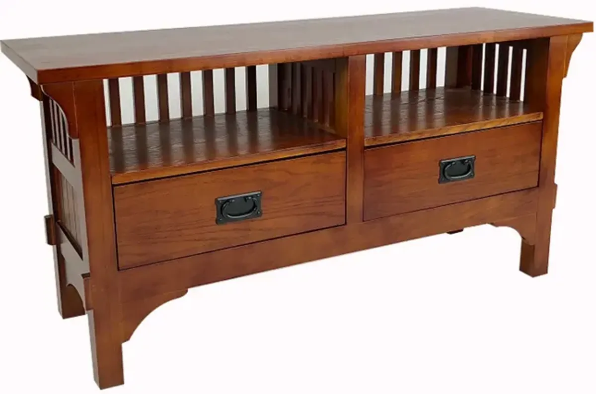 Wooden TV Stand with 2 Open Shelves and Slatted Back, Oak Brown-Benzara