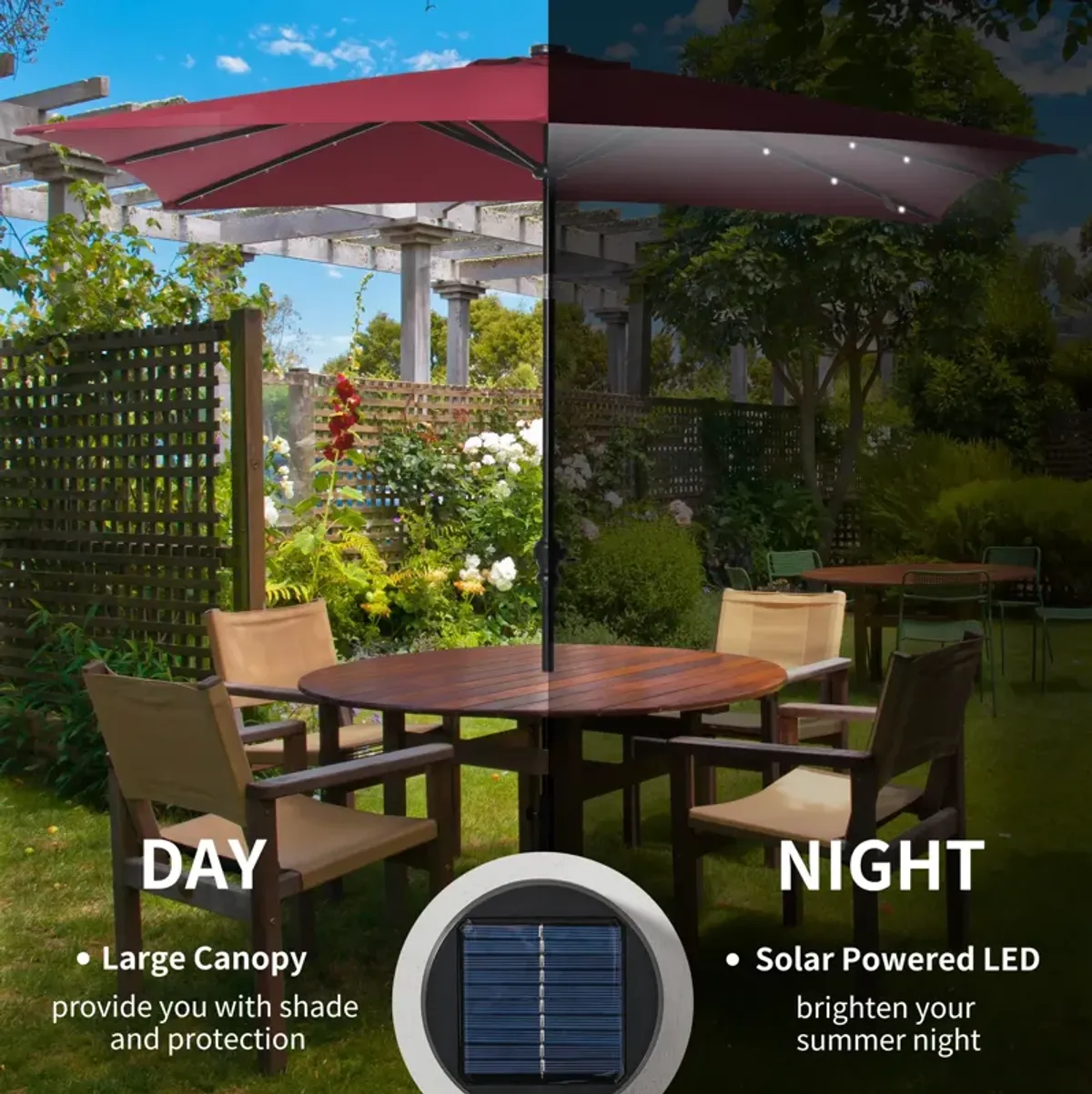 Red Outdoor Canopy: 9ft Solar LED Patio Umbrella