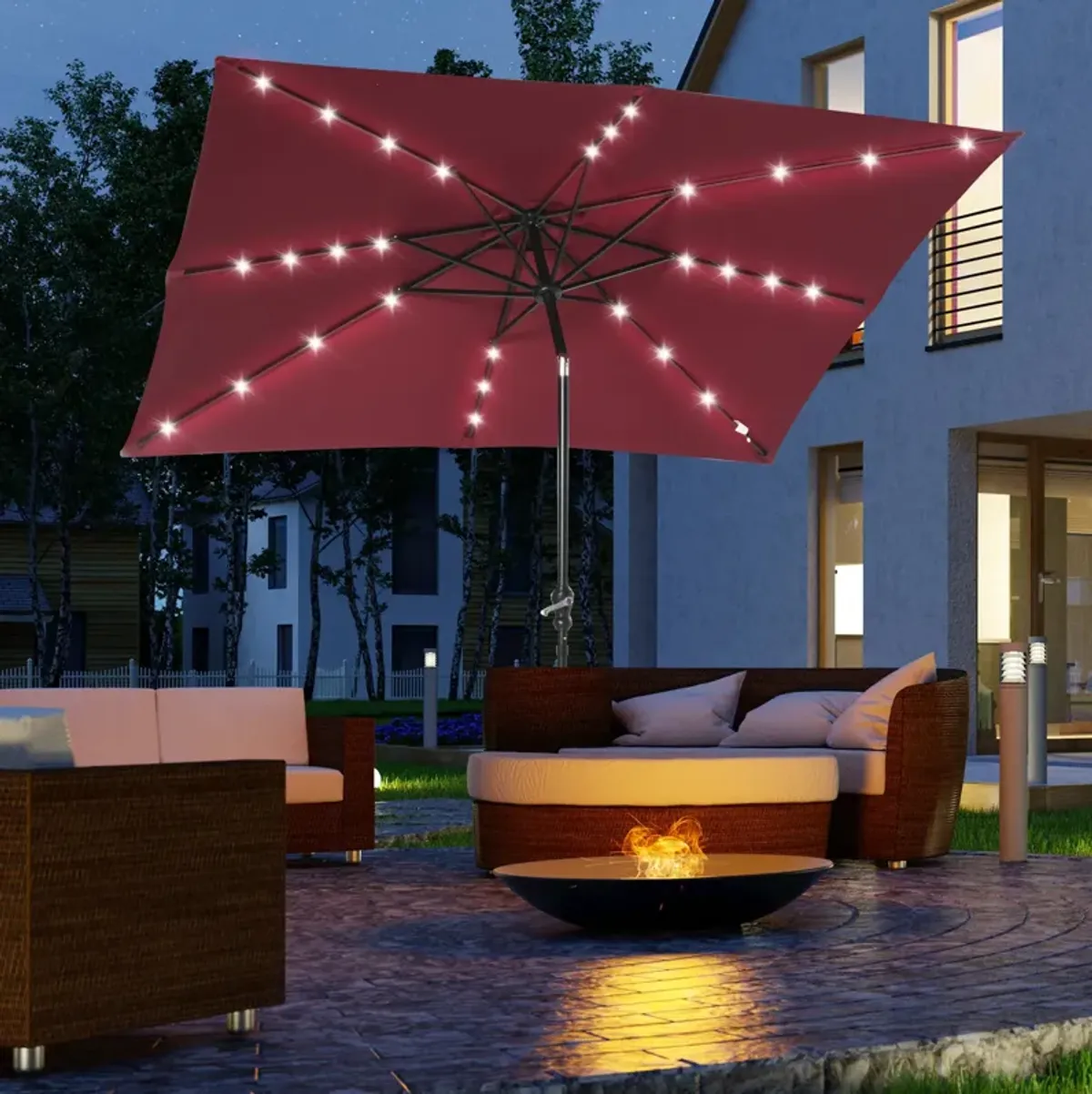 Red Outdoor Canopy: 9ft Solar LED Patio Umbrella