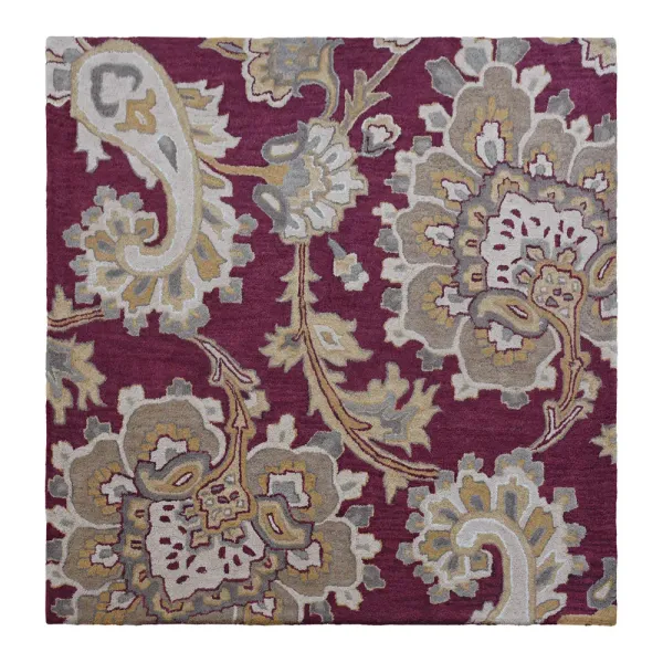 RUGSOTIC CARPETS HAND TUFTED WOOL ECO-FRIENDLY AREA RUGS  - 6'x6', Square Shape, Dark & Red, Floral Modern Design, High Pile Thick Handmade Anti Skid Area Rugs for Living Room, Bed Room (K00151)