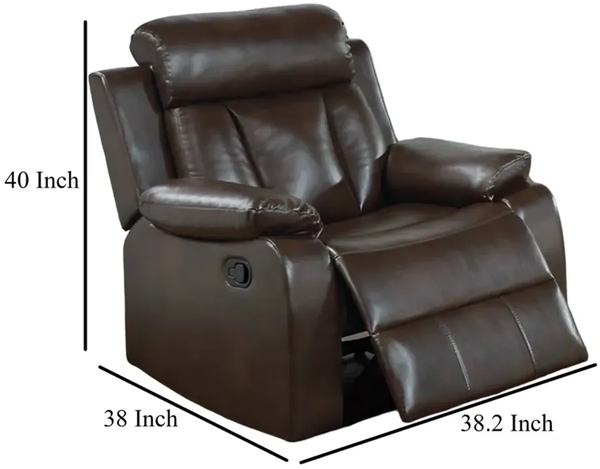 Corie Manual Recliner Chair, Pillow Cushioned, Brown Faux Leather - Benzara