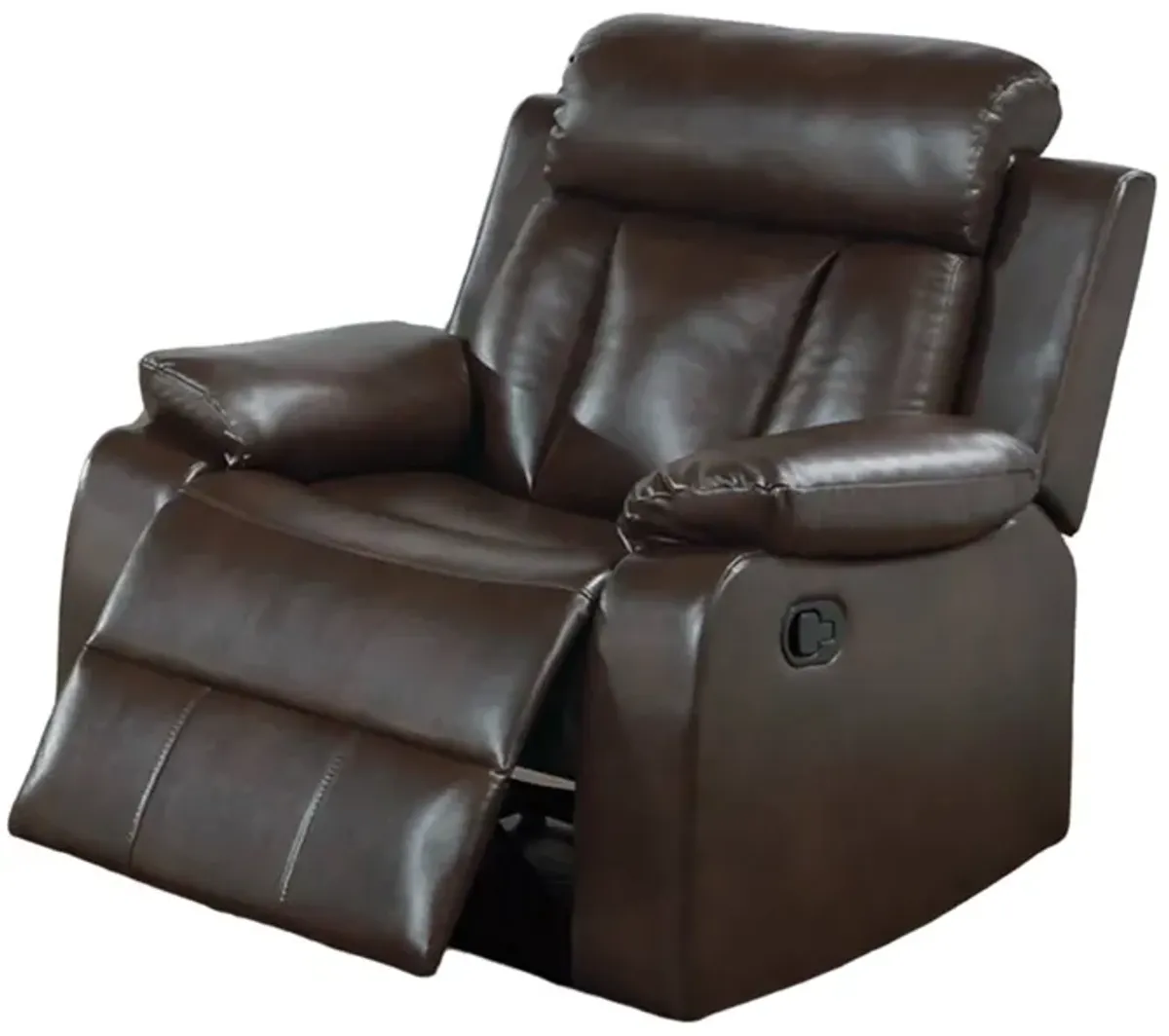 Corie Manual Recliner Chair, Pillow Cushioned, Brown Faux Leather - Benzara