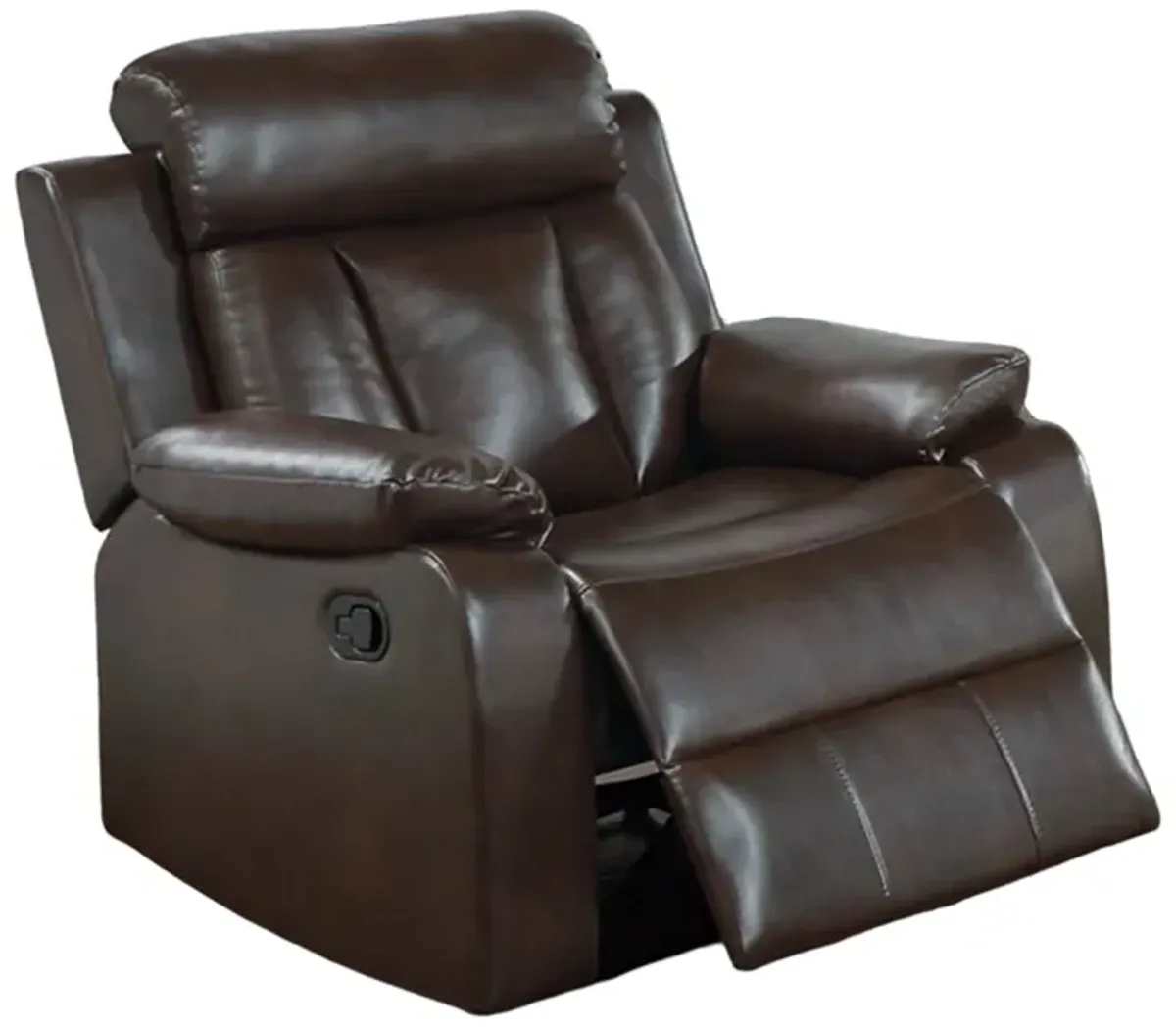 Corie Manual Recliner Chair, Pillow Cushioned, Brown Faux Leather - Benzara