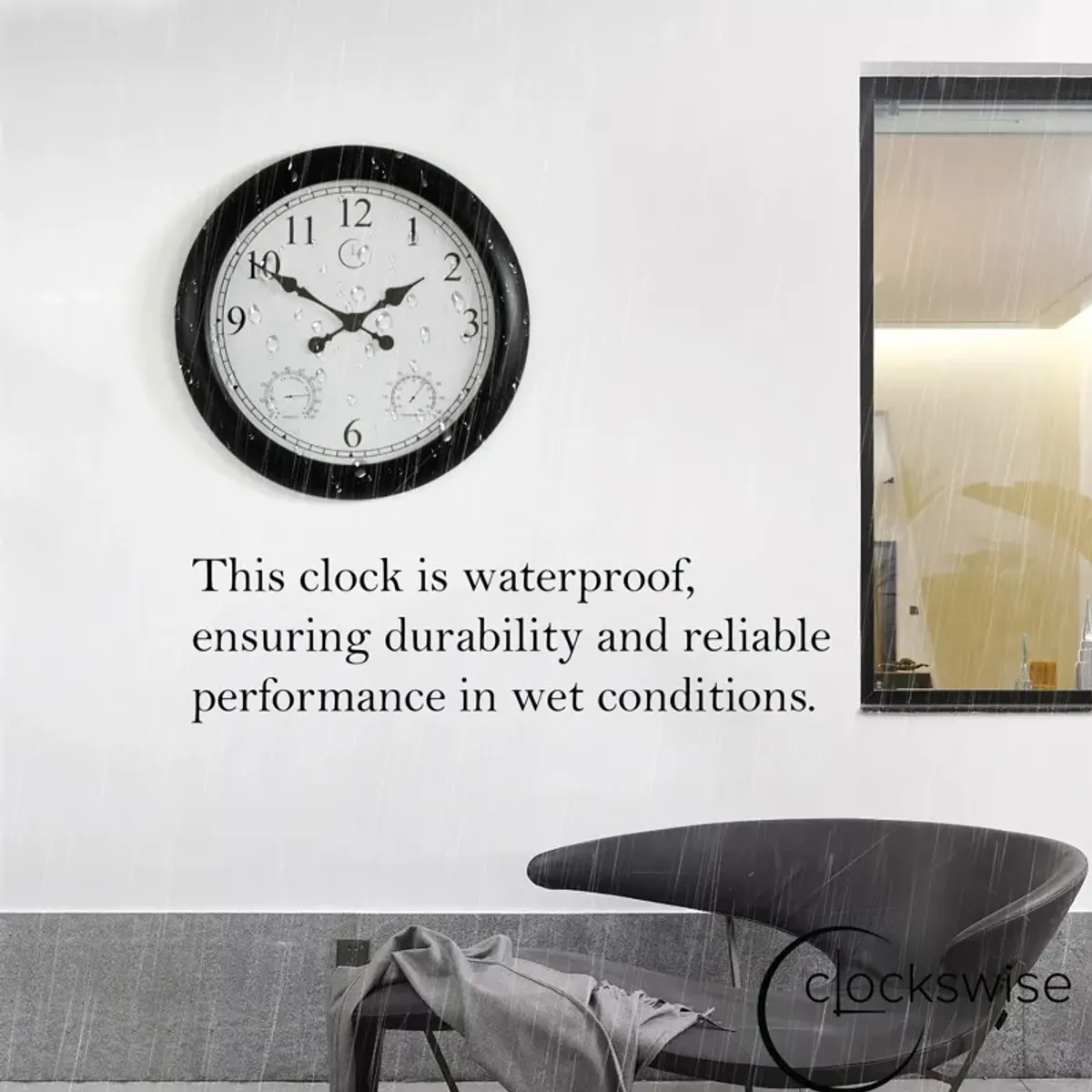 24-inch Large Outdoor Wall Clock Thermometer Combo, Waterproof Hygrometer Silent Battery Operated Clocks Timepiece Garden Weather Master Station for Home Indoor or Patio Pool Photography Props Black