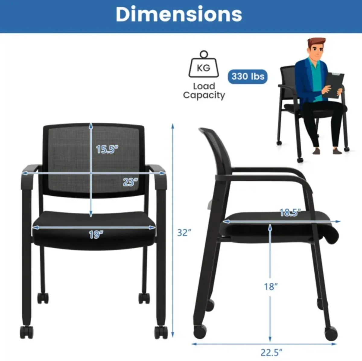 Hivvago Set of 2 Stackable Rolling Office Chairs with Mesh Backrest