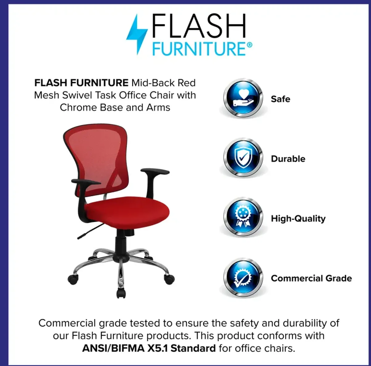 Alfred Mid-Back Blue Mesh Swivel Task Office Chair with Chrome Base and Arms