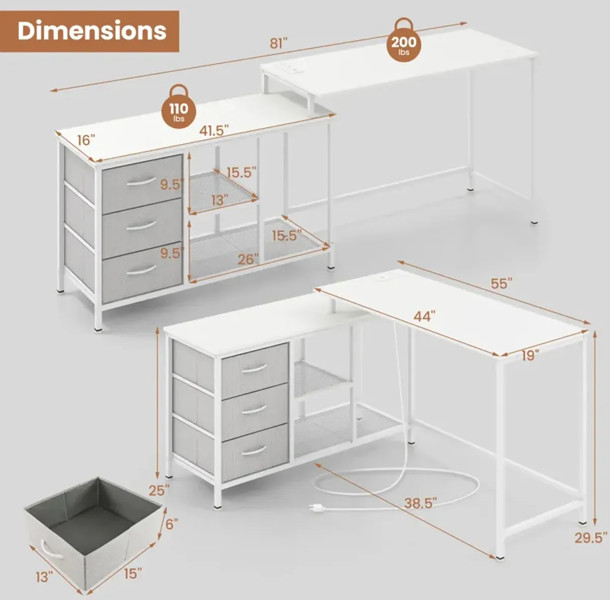 L-shaped Computer Desk with Power Outlet for Working Studying Gaming