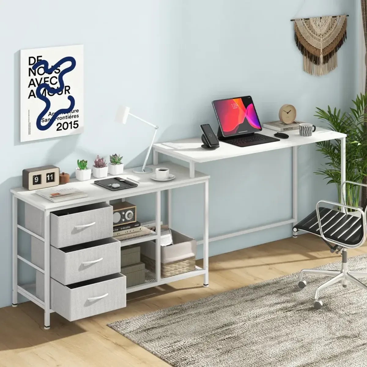 L-shaped Computer Desk with Power Outlet for Working Studying Gaming