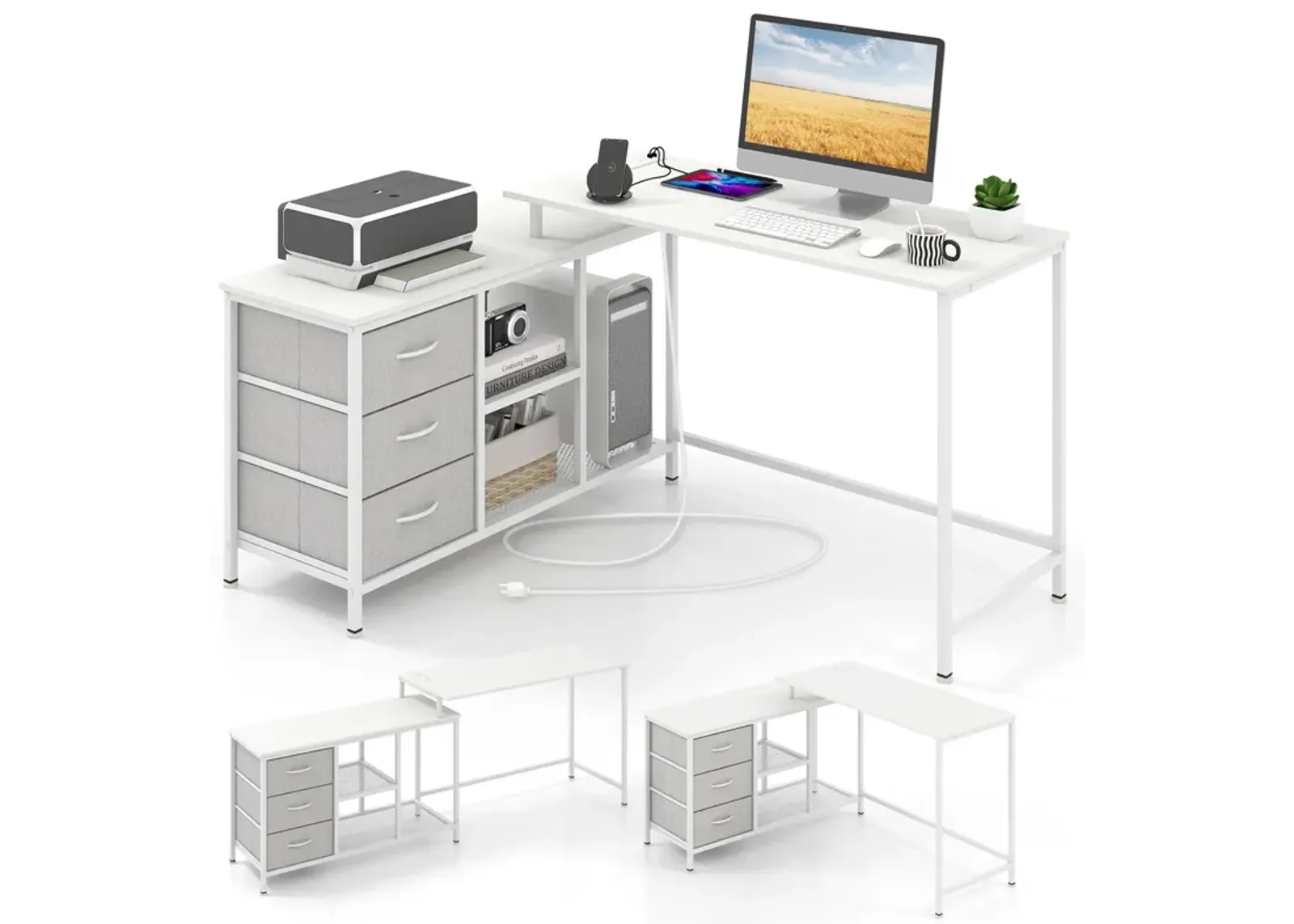 L-shaped Computer Desk with Power Outlet for Working Studying Gaming