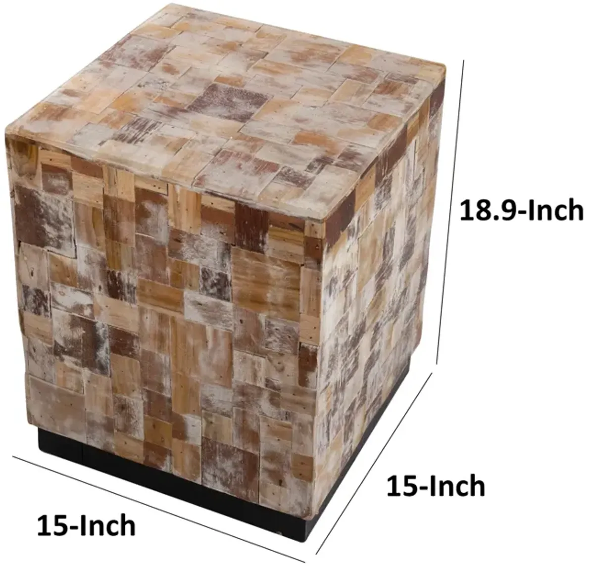 19 Inch Side End Table Stool, Square, Resin Patchwork Style Design, Brown - Benzara