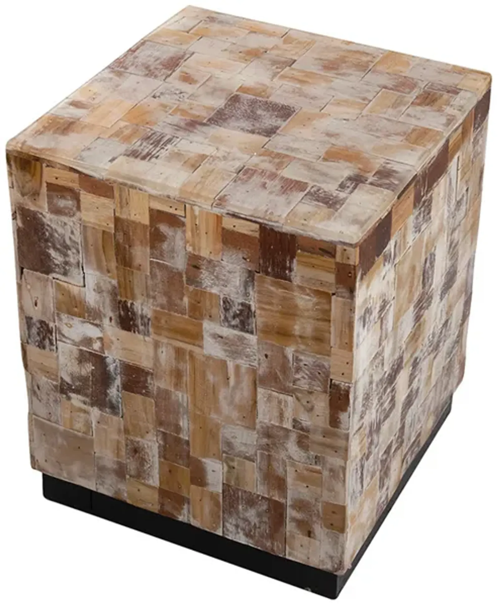 19 Inch Side End Table Stool, Square, Resin Patchwork Style Design, Brown - Benzara