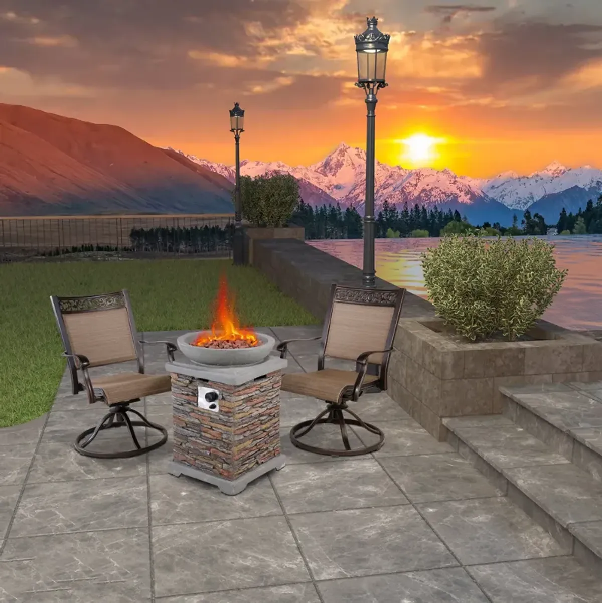 MONDAWE 3-Piece Cast Aluminum Patio Conversation Seating Set with Patio Fire Pit in Brown Stone Exterior