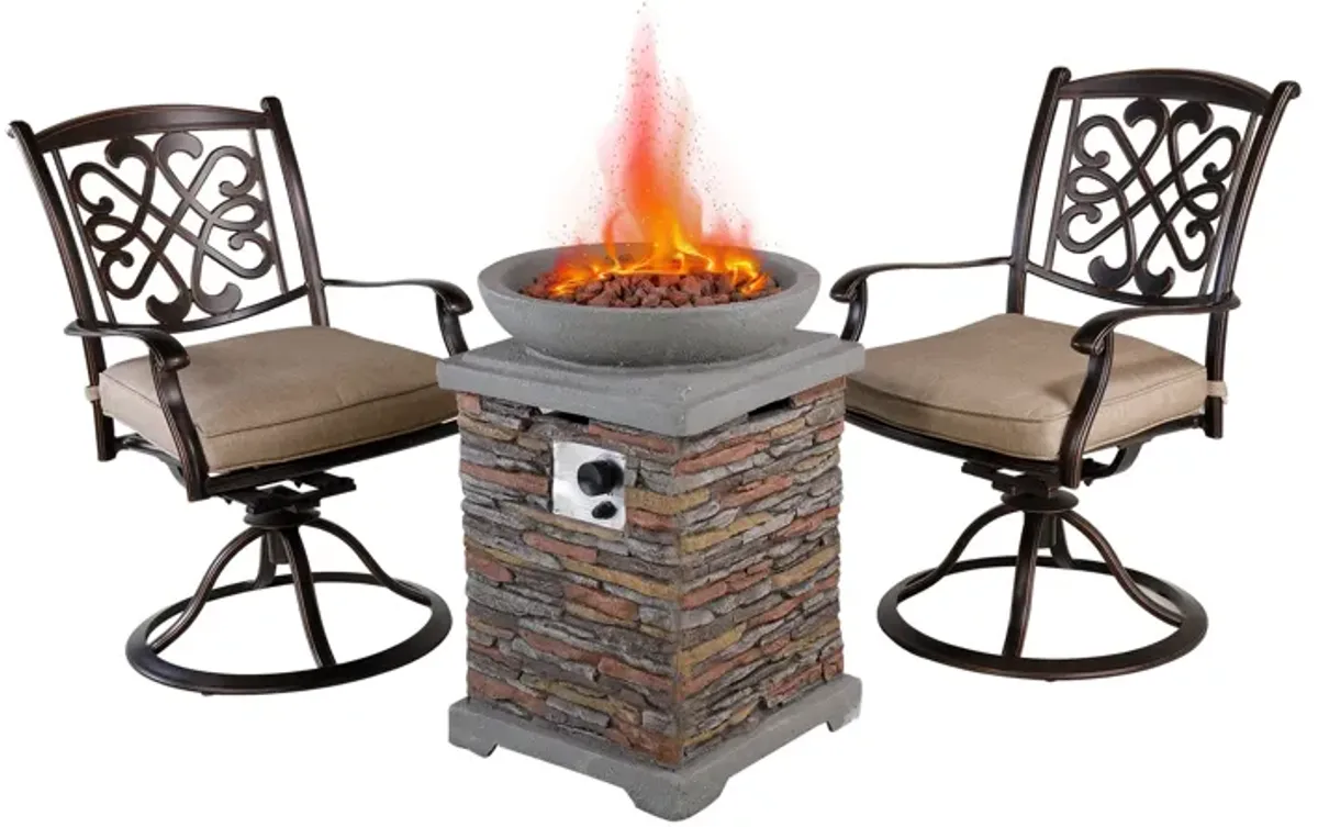 MONDAWE 3-Piece Cast Aluminum Patio Conversation Seating Set with Patio Fire Pit in Brown Stone Exterior