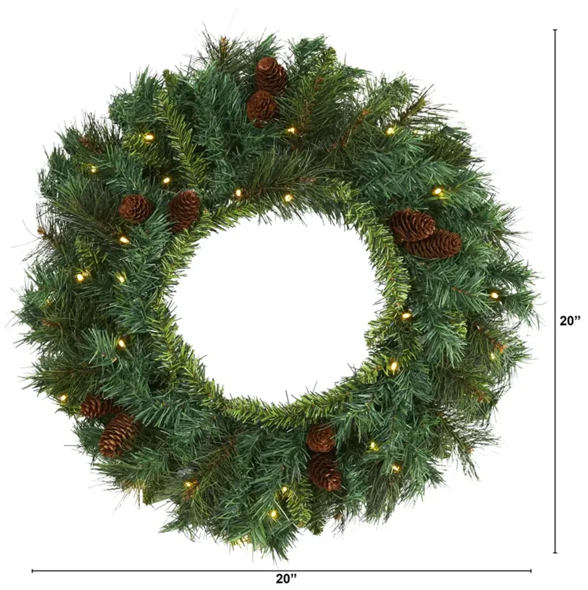 HomPlanti 20" Mixed Pine and Pinecone Artificial Christmas Wreath with 35 Clear LED Lights