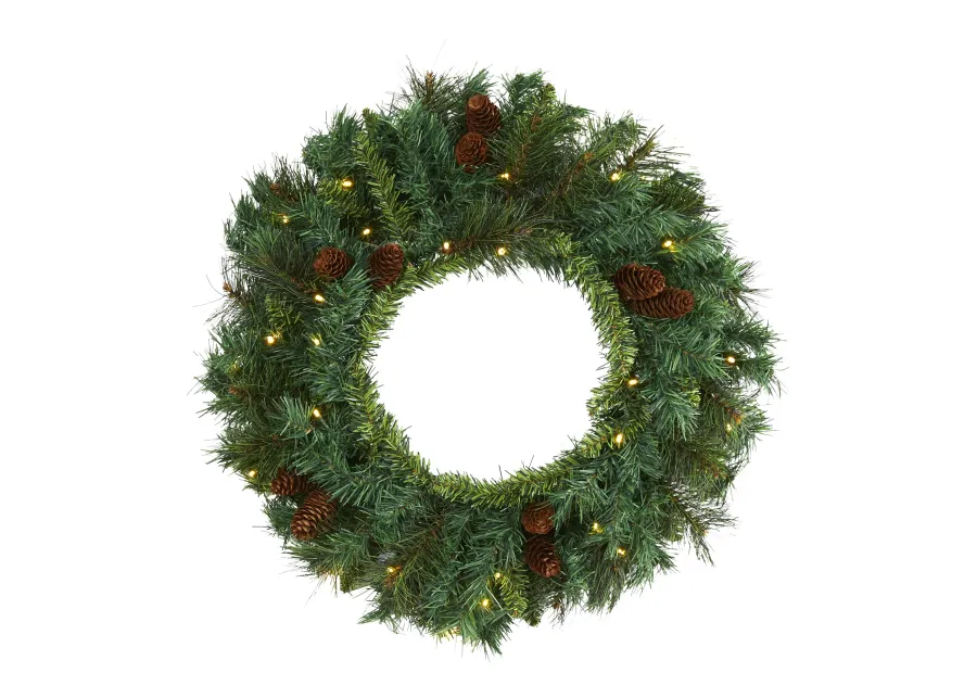 HomPlanti 20" Mixed Pine and Pinecone Artificial Christmas Wreath with 35 Clear LED Lights