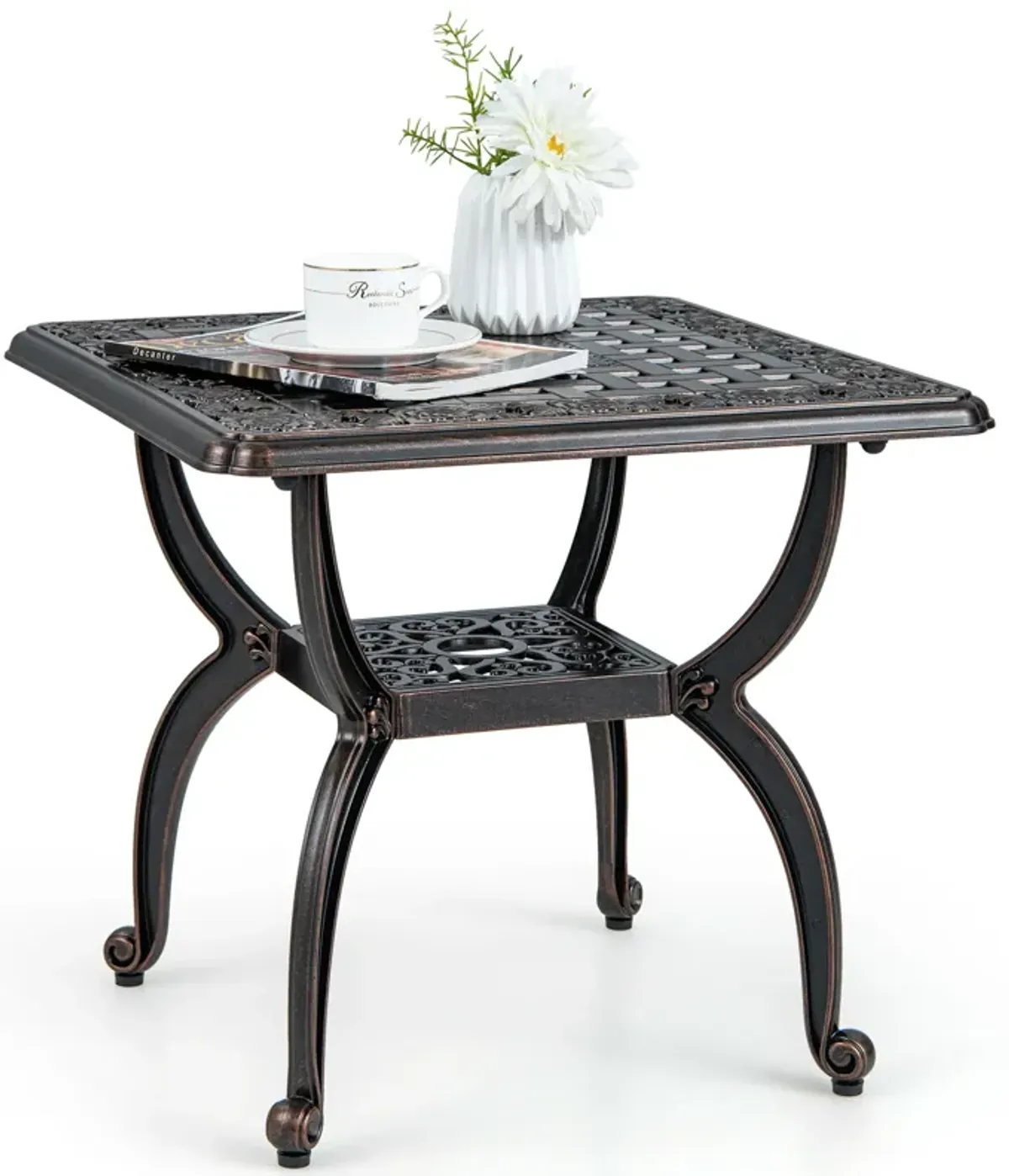 Cast Aluminum Outdoor Side Table with Storage Shelf for Garden Porch