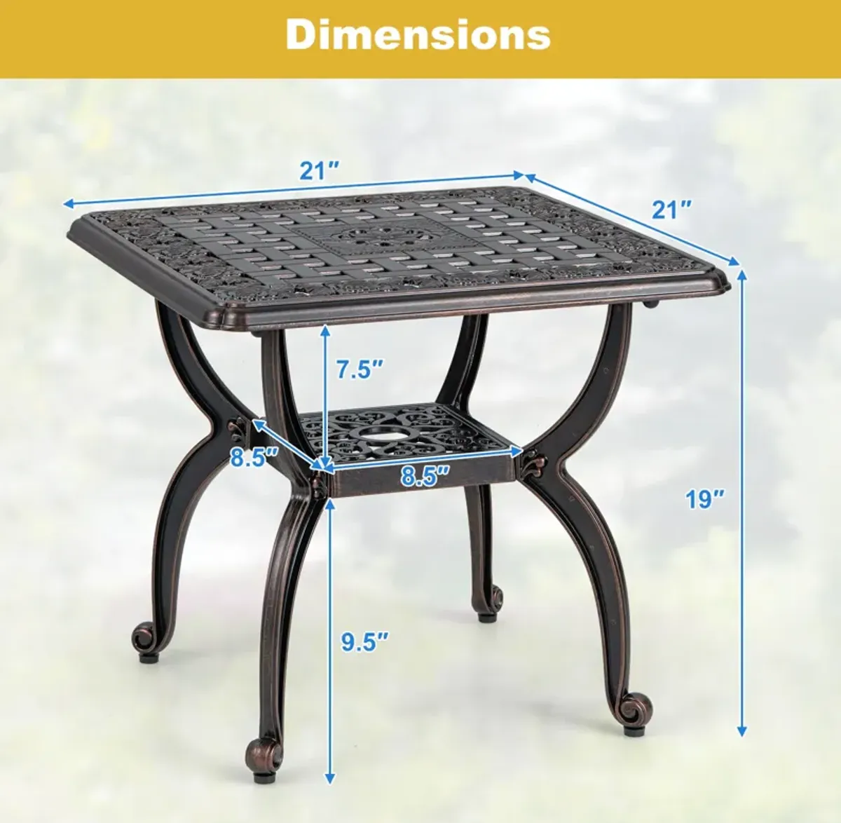 Cast Aluminum Outdoor Side Table with Storage Shelf for Garden Porch