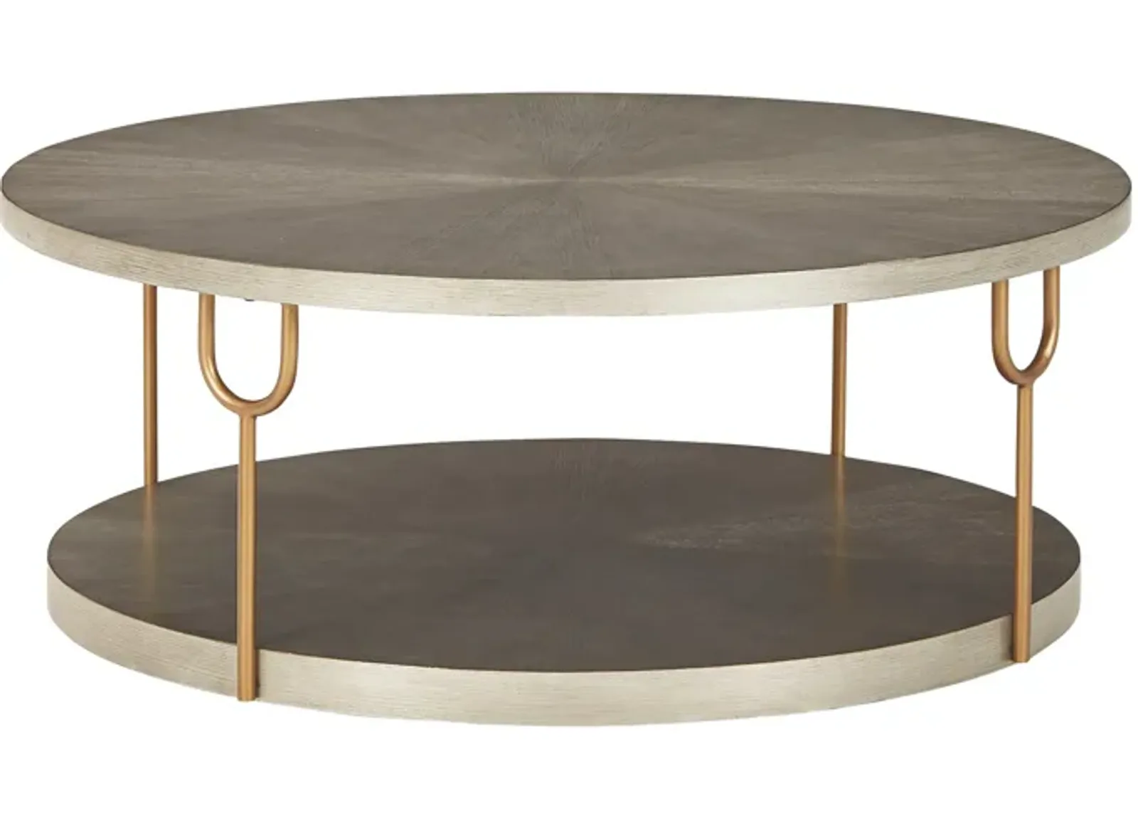 Modern 42 Inch Coffee Table, Ash Veneer, Metal Frame and Wheels, Gold, Gray-Benzara