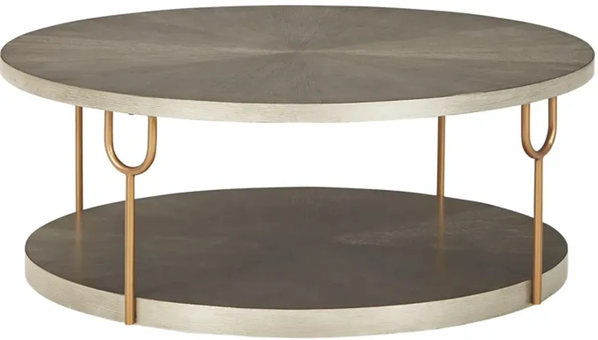 Modern 42 Inch Coffee Table, Ash Veneer, Metal Frame and Wheels, Gold, Gray-Benzara